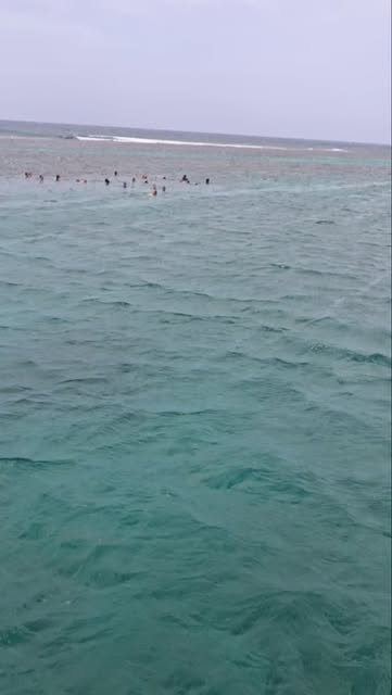 Swimmers floating on a bright turquoise sandbar off the Jamaican coast